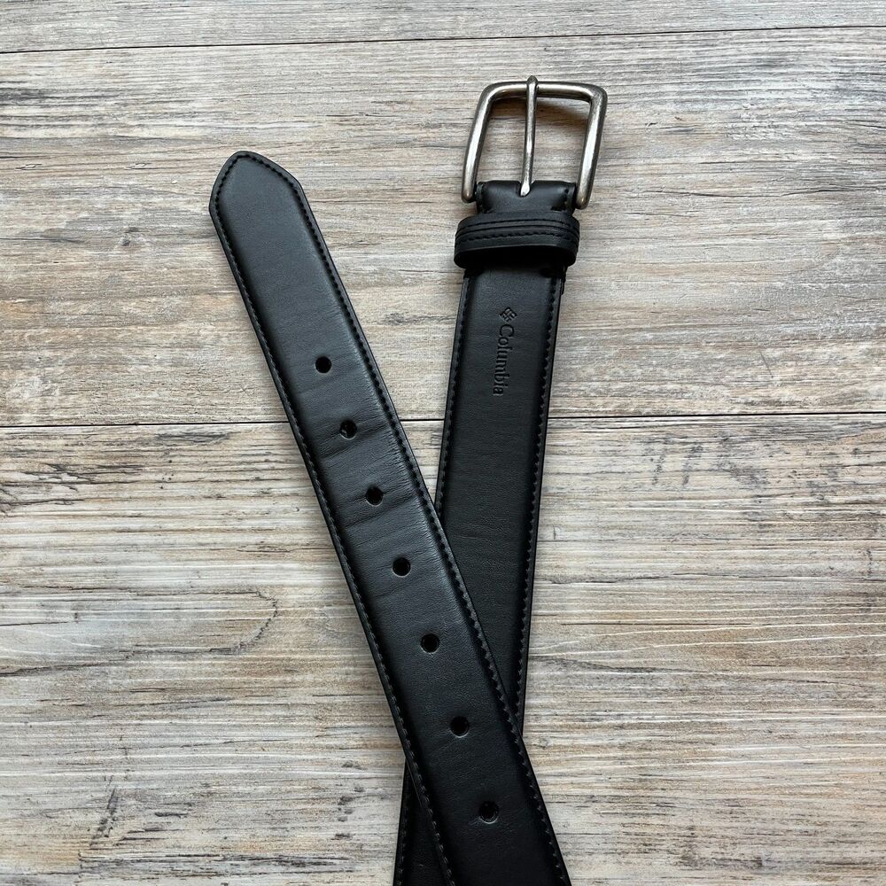Columbia Belt Black Leather Silver Buckle Size 30 Small Genuine Smooth Shiny